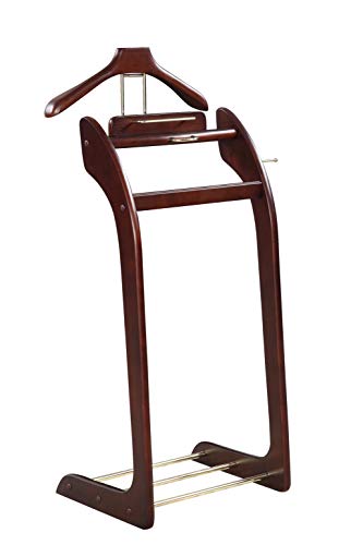 Proman Products Windsor Suit Valet Stand VL16001 with Top Tray, Contour Hanger, Trouser Bar, Tie & Belt Hooks and Shoe Rack, 17" W x 14" D x 40" H, Dark Walnut