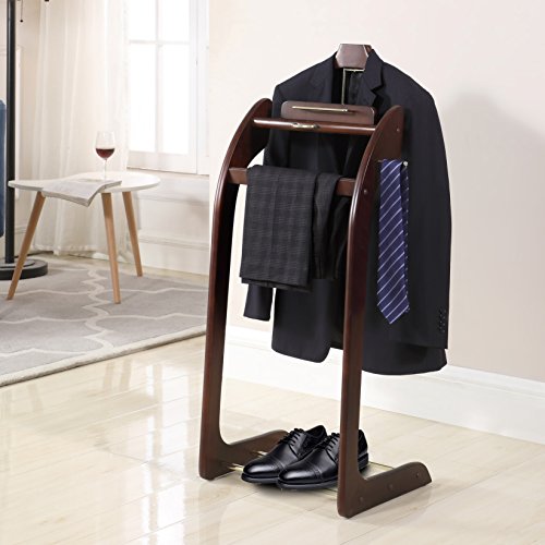 Proman Products Windsor Suit Valet Stand VL16001 with Top Tray, Contour Hanger, Trouser Bar, Tie & Belt Hooks and Shoe Rack, 17" W x 14" D x 40" H, Dark Walnut