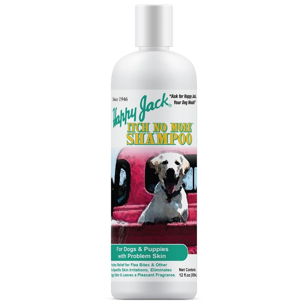 Happy Jack Itch No More Dog Itchy Skin Shampoo & Treatment (12 oz), Flea Bites, Allergies & Itchy Skin Relief, Stops Itching, Scratching & Gnawing on First Application, Healthy Dog Skin & Coat