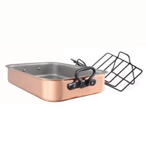 mauviel m'heritage m200ci 2mm polished copper & stainless steel rectangular roasting pan with rack, cast iron handles, 15.7 x 11.8-in, made in france