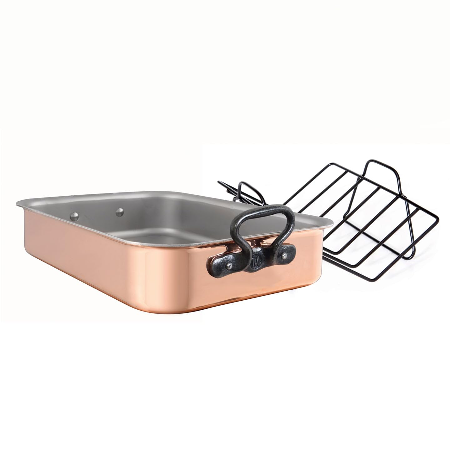 Mauviel M'Heritage M200CI 2mm Polished Copper & Stainless Steel Rectangular Roasting Pan With Rack, Cast Iron Handles, 15.7 x 11.8-in, Made in France