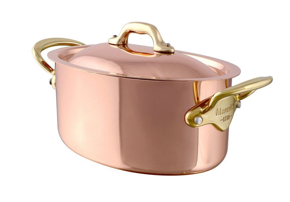 Mauviel M'Heritage 150 B 1.5mm Polished Copper & Stainless Steel Oval Stewpan With Lid, And Brass Handles, 7.2-qt, Made in France