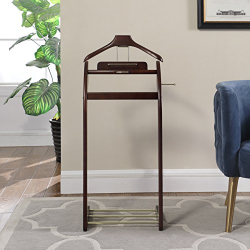 Proman Products Windsor Suit Valet Stand VL16001 with Top Tray, Contour Hanger, Trouser Bar, Tie & Belt Hooks and Shoe Rack, 17" W x 14" D x 40" H, Dark Walnut