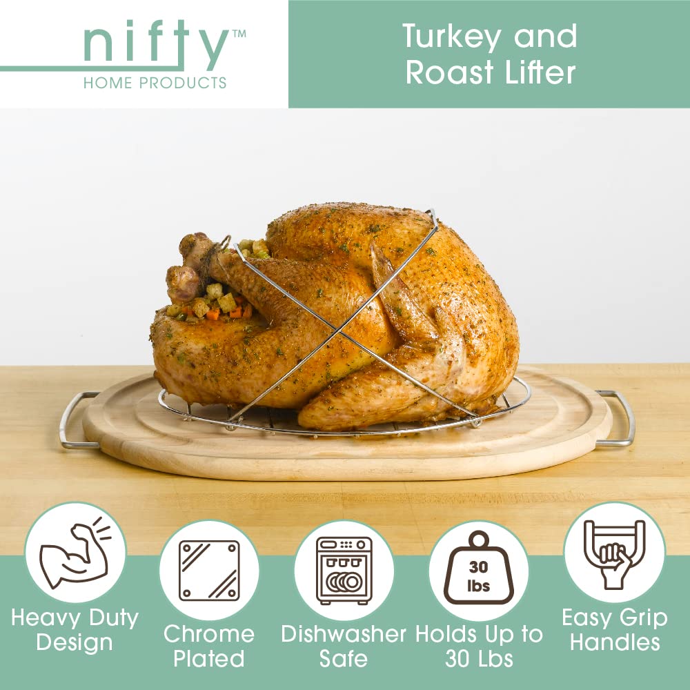 Nifty Turkey Lifter - Easy-Grip Handles, Chrome Plated Steel, Up to 30 Pound Roast, Dishwasher Safe, Heavy-Duty Design for Goose, Turkey, Ham, or Roast