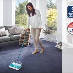 Leifheit Floor Sweeper, Carpet Sweeper,Carpet Sweeper Regulas, Turquoise, with Height Adjustment; 3 Sweeping Brushes; Sweeping Width 22 cm