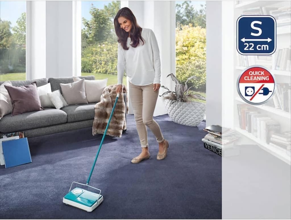 Leifheit Floor Sweeper, Carpet Sweeper,Carpet Sweeper Regulas, Turquoise, with Height Adjustment; 3 Sweeping Brushes; Sweeping Width 22 cm