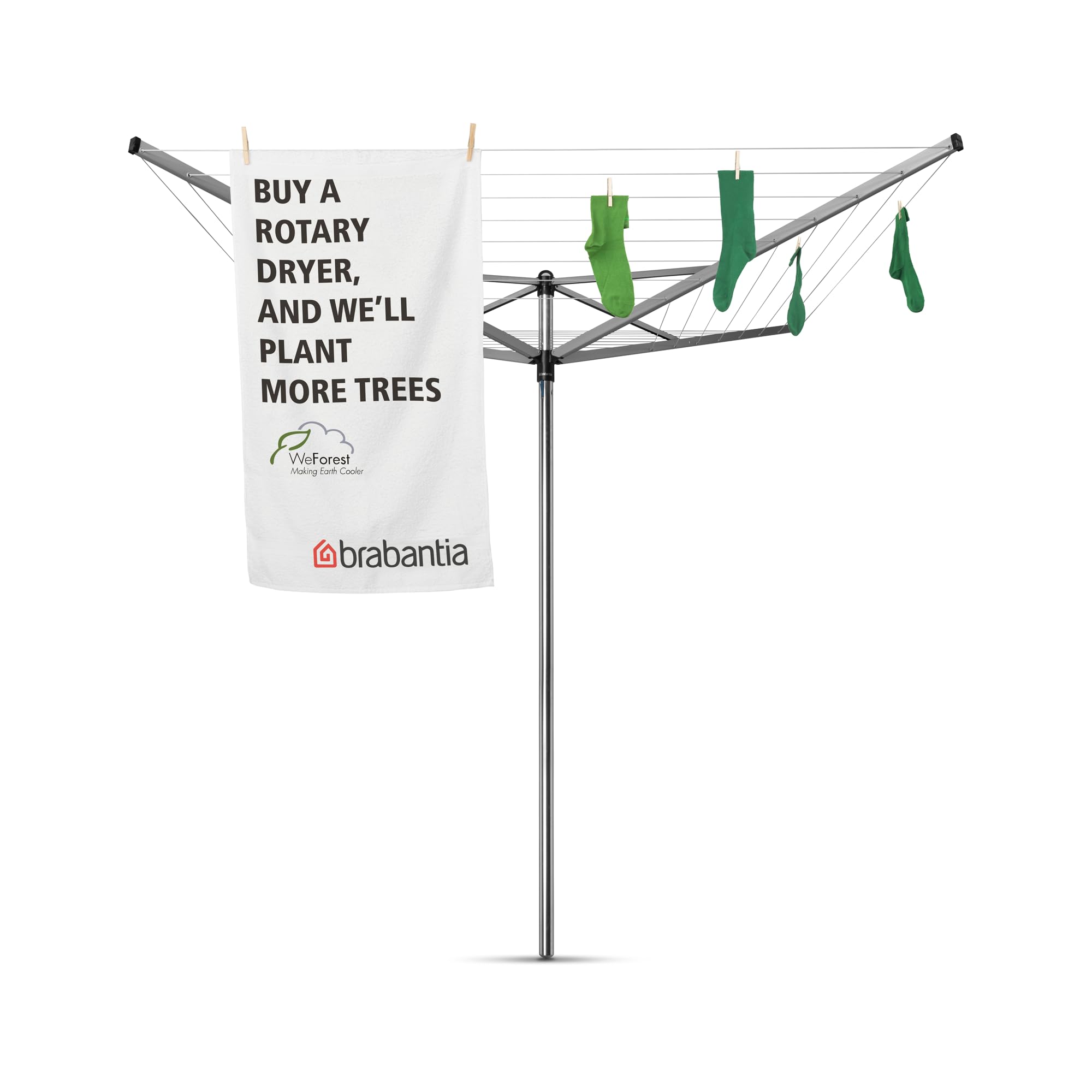 Brabantia Topspinner Outdoor 4 Arm Spinning Clothesline (197 ft/Ø 1.8") Rotating, Folding Clothes Drying Rack + Ground Spike (Gray)