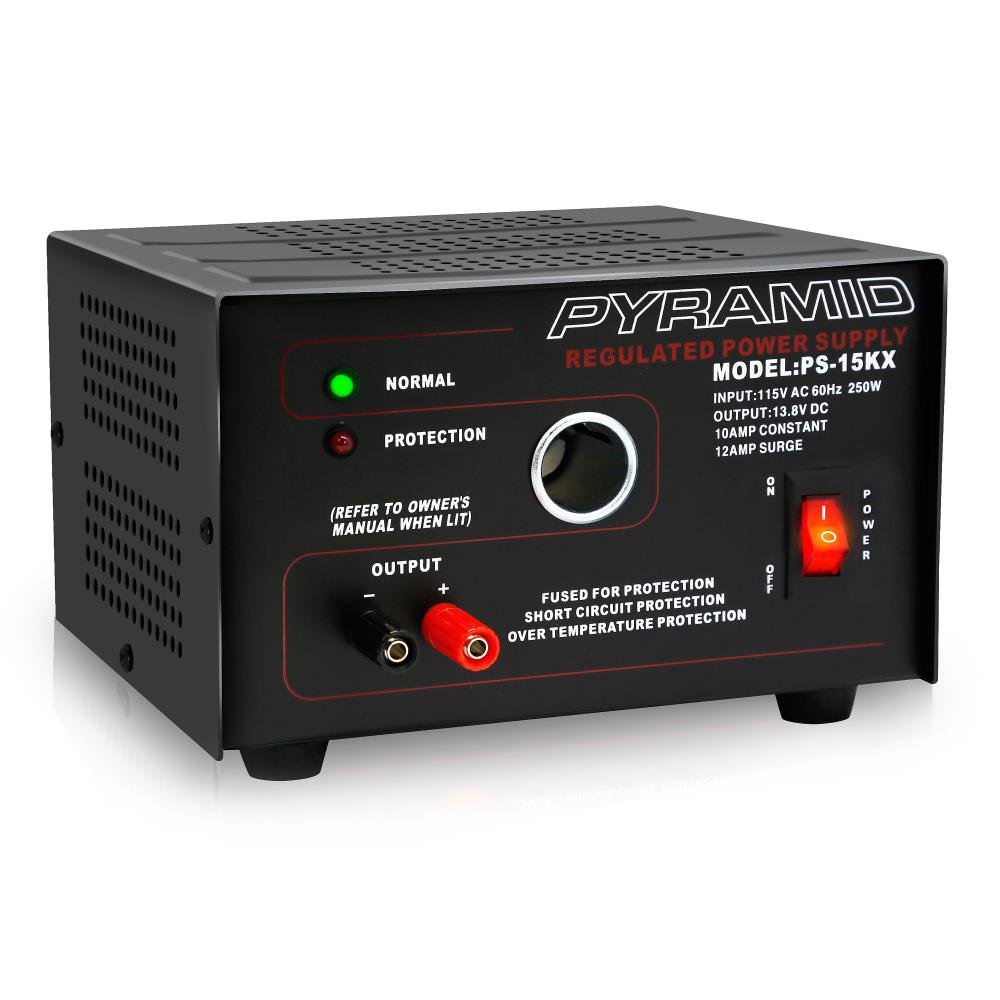 Pyramid Universal Compact Bench Power Supply - 10 Amp Linear Regulated Home Lab Benchtop AC-to-DC Converter w/ 13.8 Volt DC 115V AC 250W Input, Screw Type Terminal, 12V Car Cigarette Lighter - Pyramid PS15K