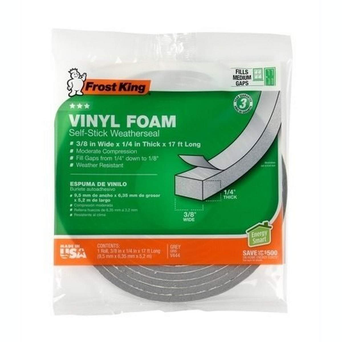 Frost King Vinyl Foam Tape - Closed Cell - Moderate Compression, 3/8" W, 3/16" Thick, 17' L, Grey