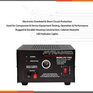 Pyramid Universal Compact Bench Power Supply - 10 Amp Linear Regulated Home Lab Benchtop AC-to-DC Converter w/ 13.8 Volt DC 115V AC 250W Input, Screw Type Terminal, 12V Car Cigarette Lighter - Pyramid PS15K