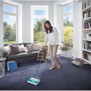 Leifheit Floor Sweeper, Carpet Sweeper,Carpet Sweeper Regulas, Turquoise, with Height Adjustment; 3 Sweeping Brushes; Sweeping Width 22 cm