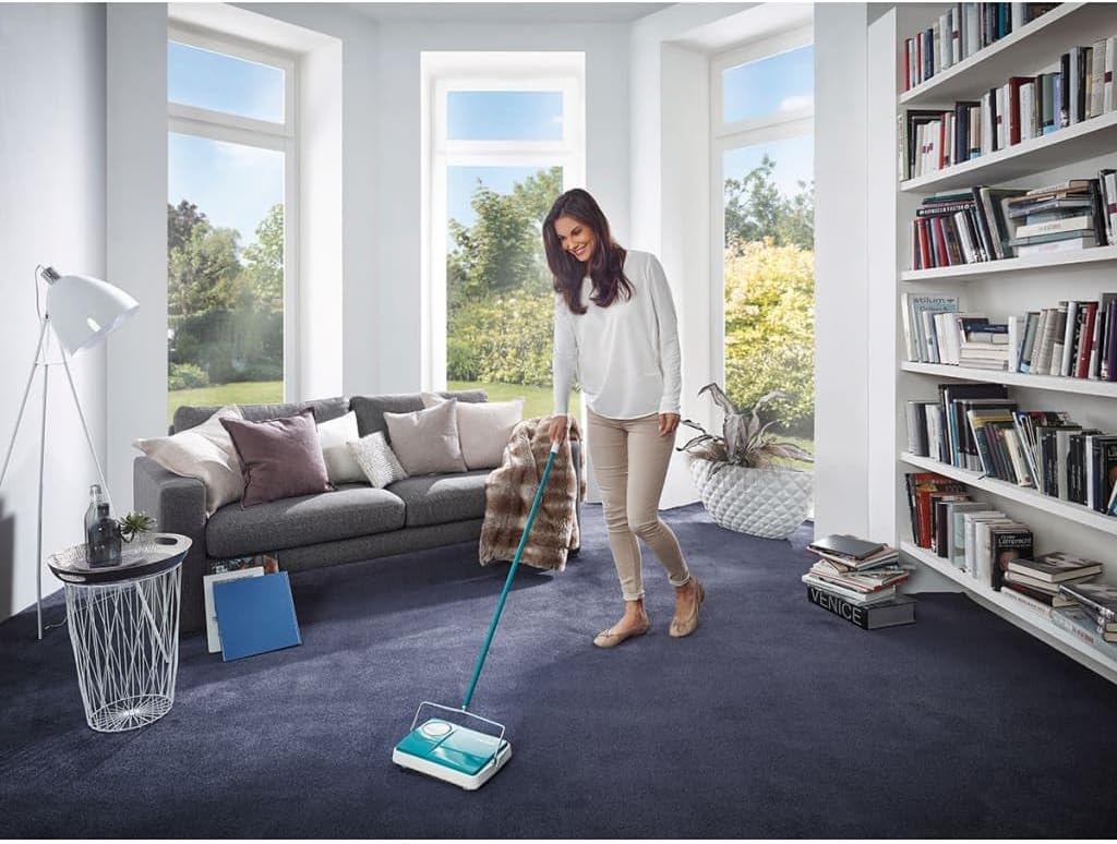 Leifheit Floor Sweeper, Carpet Sweeper,Carpet Sweeper Regulas, Turquoise, with Height Adjustment; 3 Sweeping Brushes; Sweeping Width 22 cm