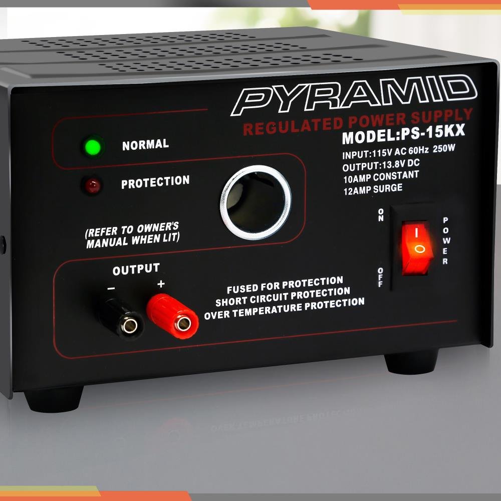 Pyramid Universal Compact Bench Power Supply - 10 Amp Linear Regulated Home Lab Benchtop AC-to-DC Converter w/ 13.8 Volt DC 115V AC 250W Input, Screw Type Terminal, 12V Car Cigarette Lighter - Pyramid PS15K