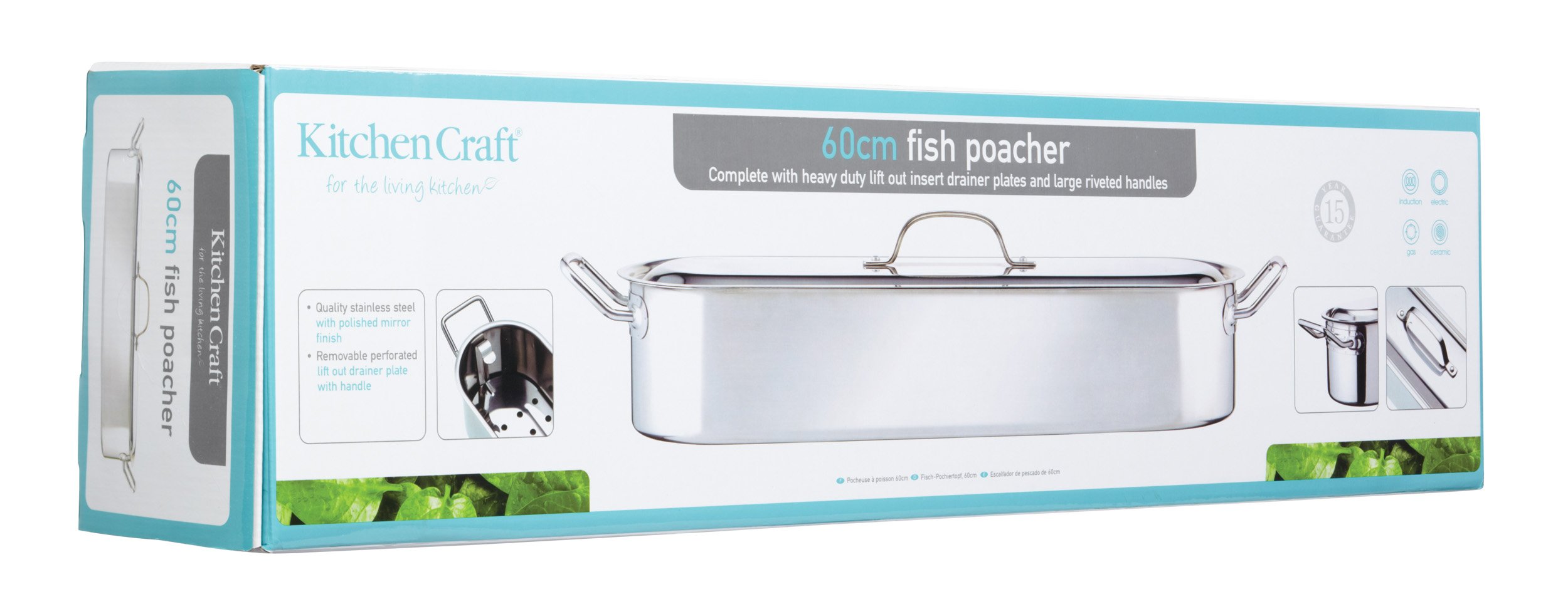 KitchenCraft Fish Kettle, Stainless Steel Induction, Polished, Large, 61.5 x 18.5 x 10.5cm, Silver