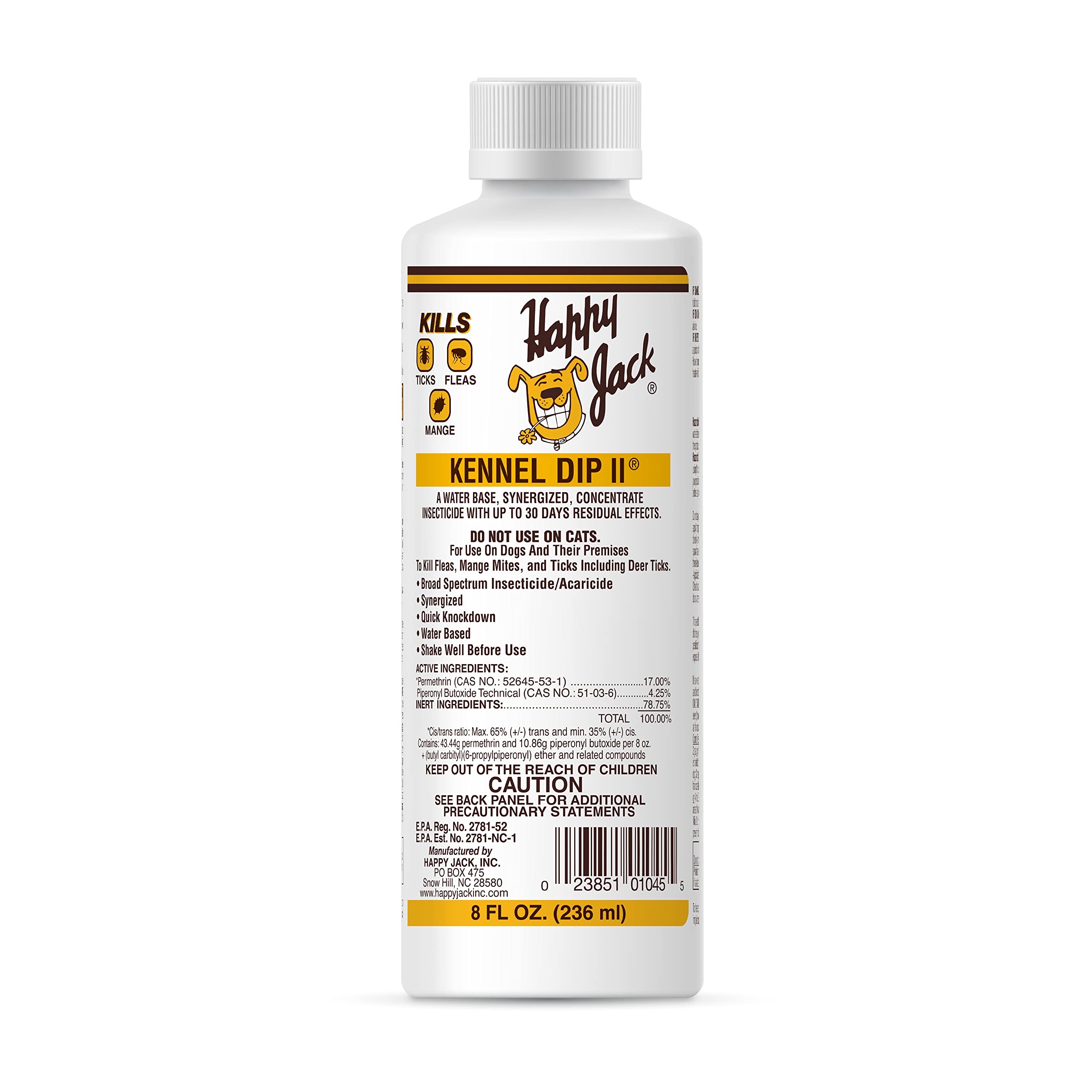 Happy Jack Kennel Dip Dog Flea and Tick Treatment & Prevention, Made in USA, Spray Yard & Home 30-Day Control, Kills Fleas, Ticks, Deer Ticks, Mange, Lice, for Puppies, Small to Large Dogs (8 oz)