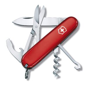 victorinox compact swiss army knife, 15 functions, swiss made pocket knife with large blade, screwdriver, corkscrew and multipurpose hook - red