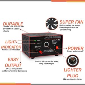 Pyramid Universal Compact Bench Power Supply - 10 Amp Linear Regulated Home Lab Benchtop AC-to-DC Converter w/ 13.8 Volt DC 115V AC 250W Input, Screw Type Terminal, 12V Car Cigarette Lighter - Pyramid PS15K