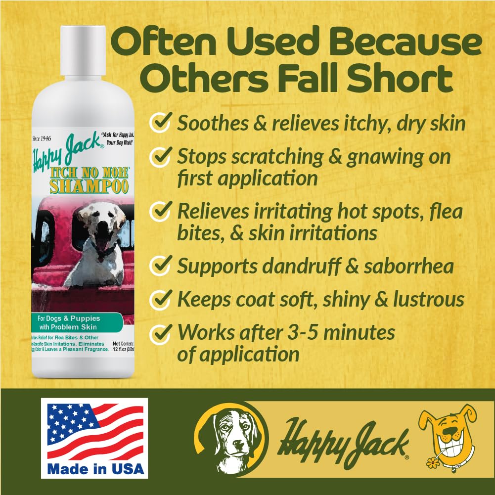 Happy Jack Itch No More Dog Itchy Skin Shampoo & Treatment (12 oz), Flea Bites, Allergies & Itchy Skin Relief, Stops Itching, Scratching & Gnawing on First Application, Healthy Dog Skin & Coat