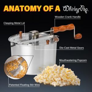 Original Whirley Pop Popcorn Maker - 6 Quart Stovetop Popcorn Popper With Four Popping Kits, Aluminum Popcorn Pot With Metal Gears, Wabash Valley Farms Stove Top Popcorn Maker, Popcorn Pan (Silver)