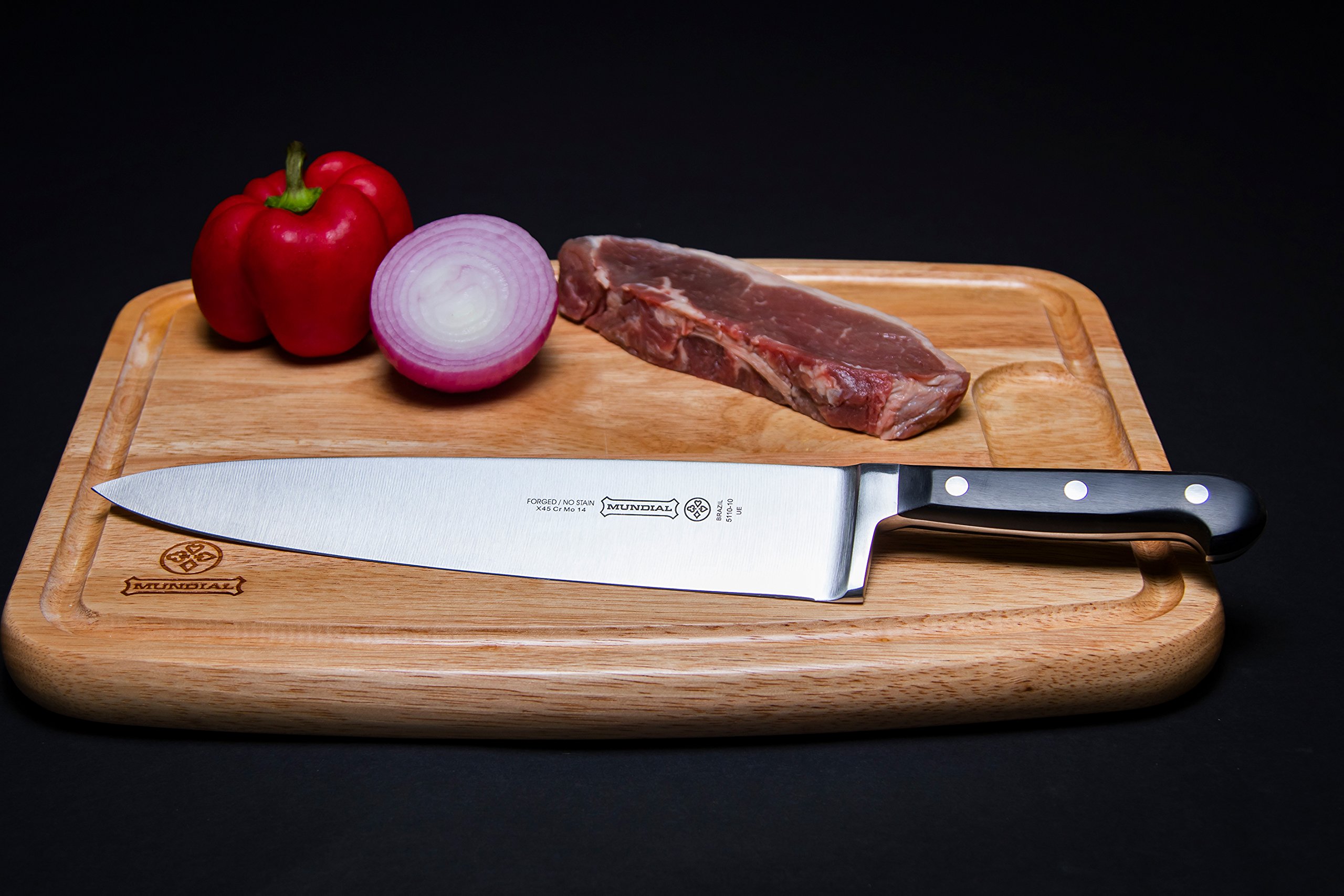 Mundial 5100 Series Black Cooking Knife, 10-Inch Chef's Knife, Polycarbonate Handle, for meat and vegetables, Fully Forged Carbon Stainless Steel