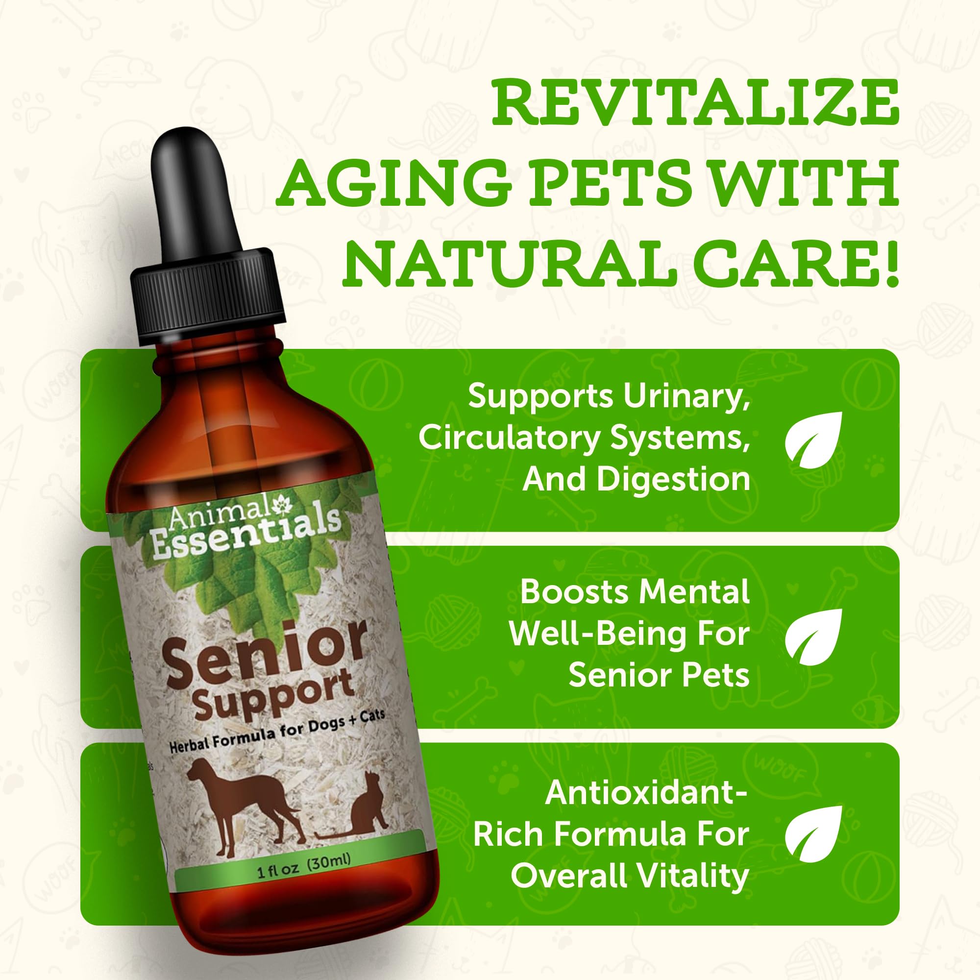 Animal Essentials Senior Support Supplement Dogs and Cats, 1 fl oz - Made in USA Physical and Mental Well-Being