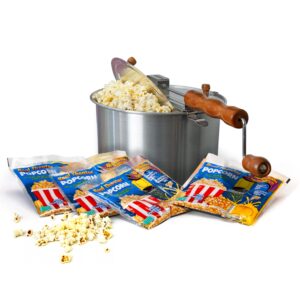 original whirley pop popcorn maker - 6 quart stovetop popcorn popper with four popping kits, aluminum popcorn pot with metal gears, wabash valley farms stove top popcorn maker, popcorn pan (silver)