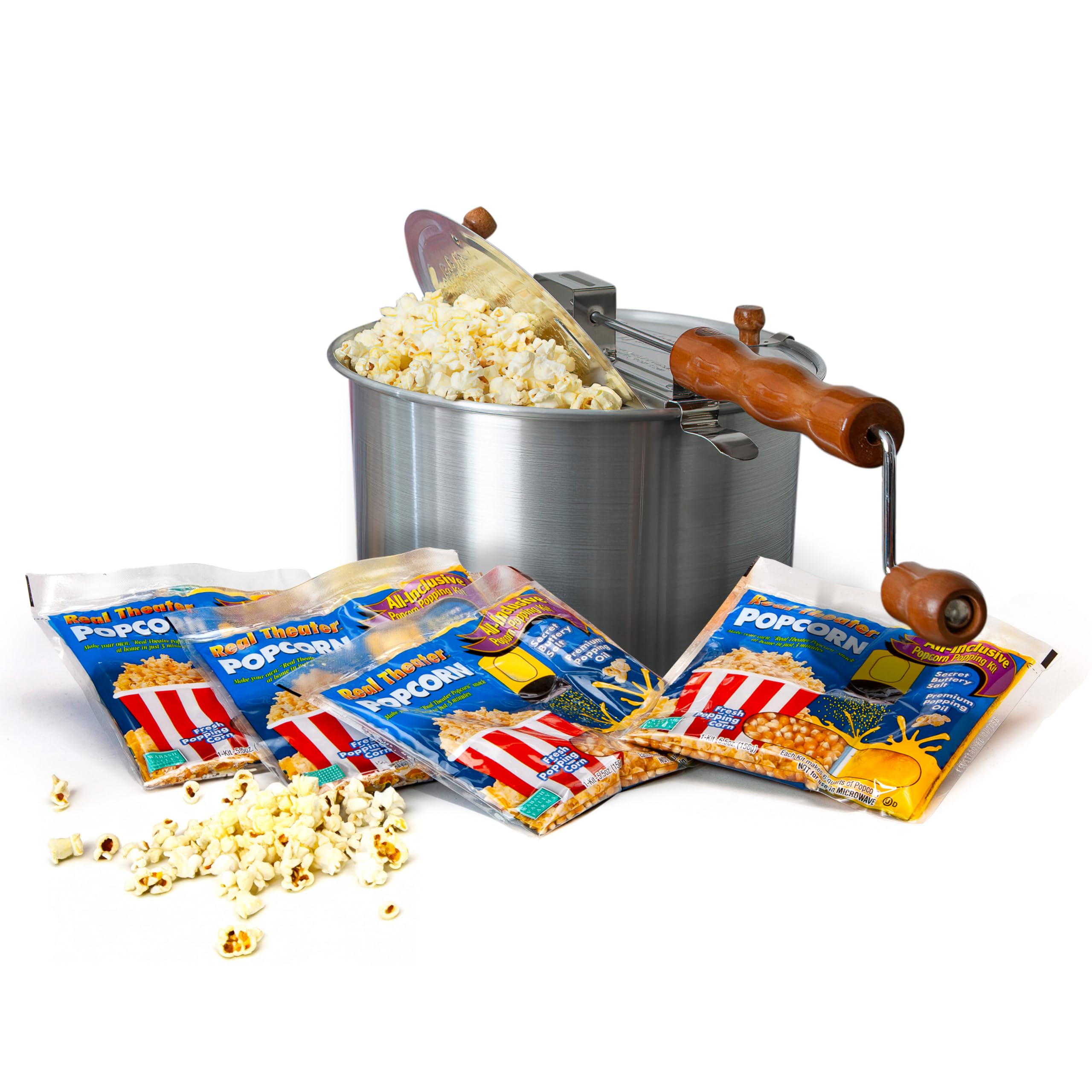 Original Whirley Pop Popcorn Maker - 6 Quart Stovetop Popcorn Popper With Four Popping Kits, Aluminum Popcorn Pot With Metal Gears, Wabash Valley Farms Stove Top Popcorn Maker, Popcorn Pan (Silver)