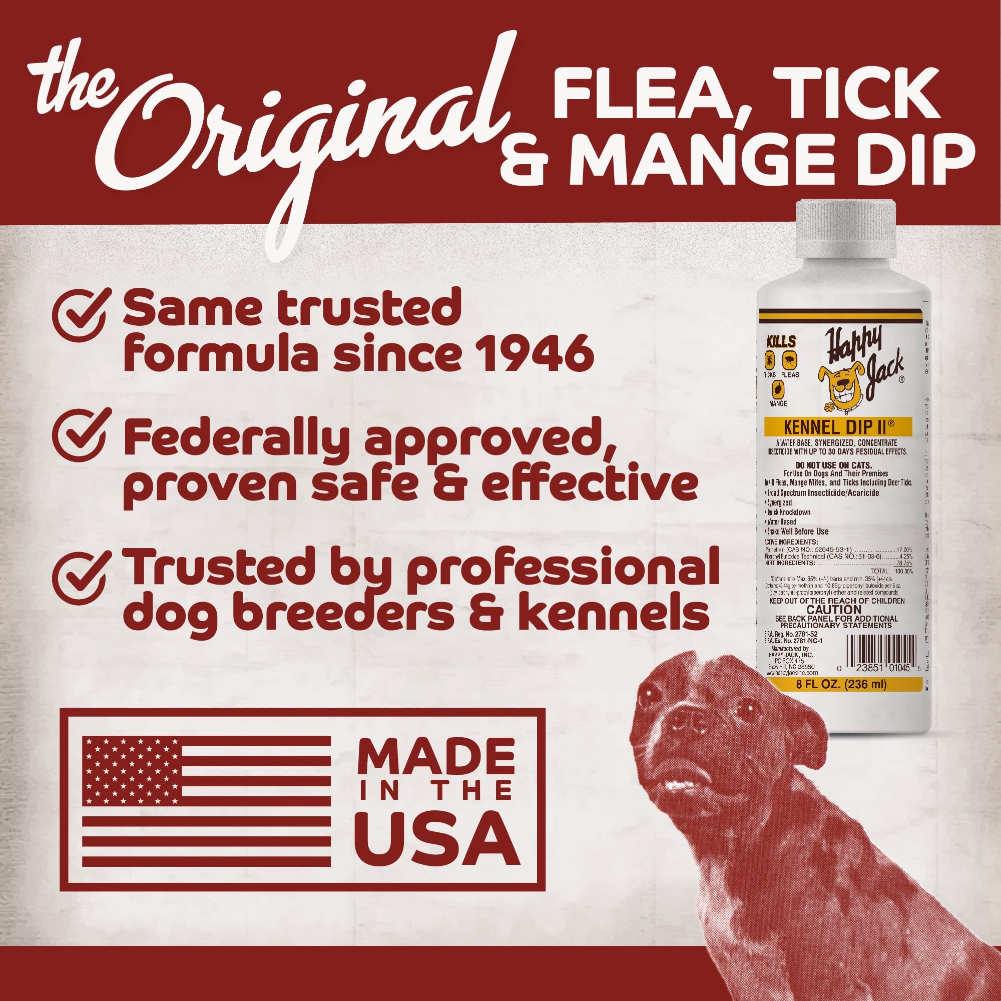 Happy Jack Kennel Dip Dog Flea and Tick Treatment & Prevention, Made in USA, Spray Yard & Home 30-Day Control, Kills Fleas, Ticks, Deer Ticks, Mange, Lice, for Puppies, Small to Large Dogs (8 oz)