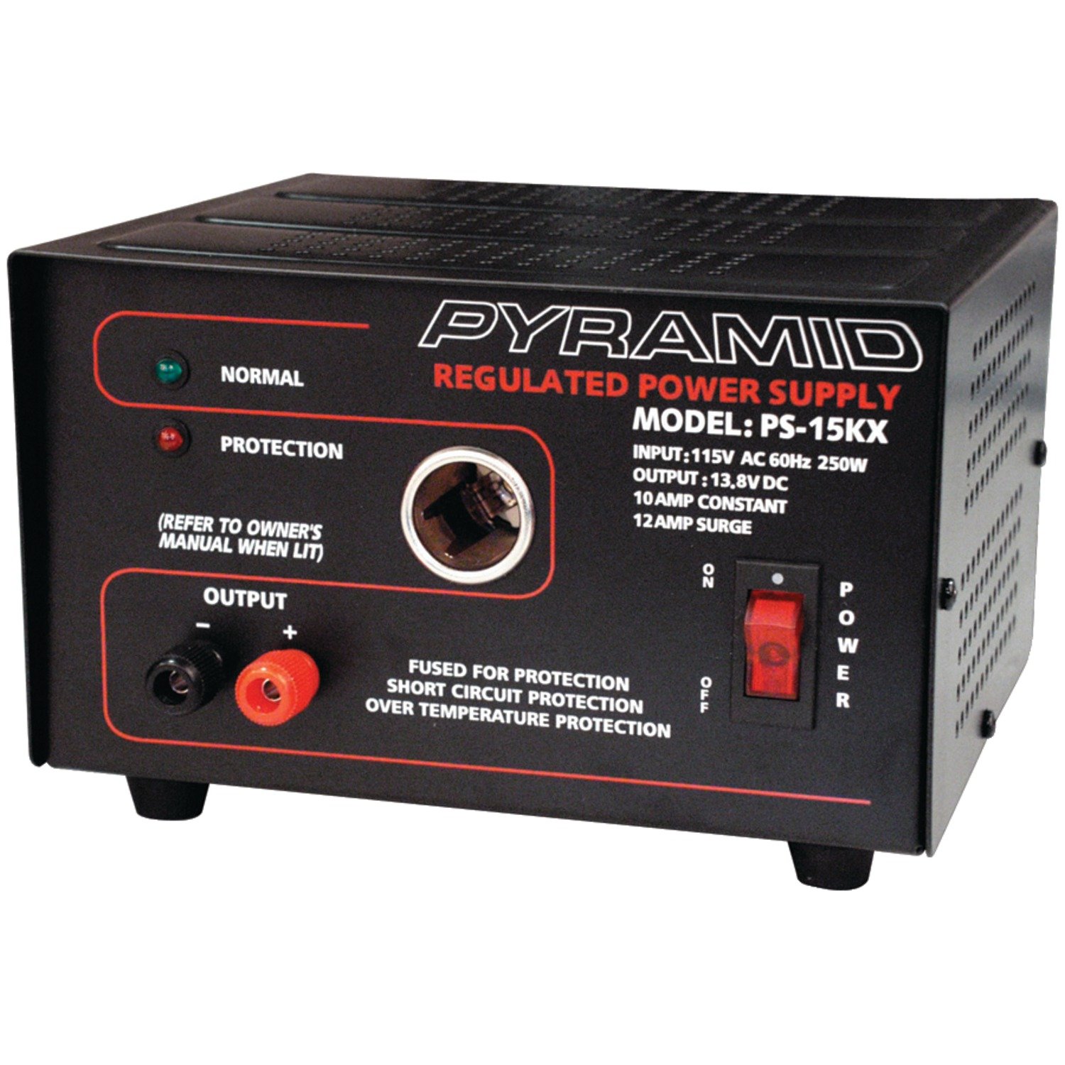 Pyramid Universal Compact Bench Power Supply - 10 Amp Linear Regulated Home Lab Benchtop AC-to-DC Converter w/ 13.8 Volt DC 115V AC 250W Input, Screw Type Terminal, 12V Car Cigarette Lighter - Pyramid PS15K