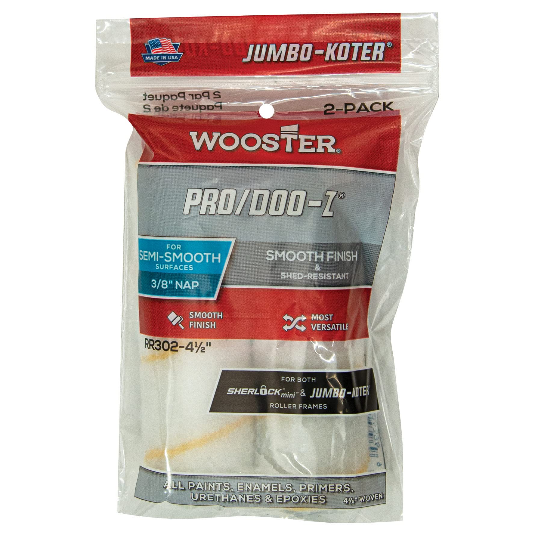 Wooster RR302-4 1/2 Brush RR302-4-1/2 Jumbo-Koter Pro/Doo-Z Roller 3/8-Inch Nap, 2-Pack, 4-1/2-Inch, 4.5 Inch, White