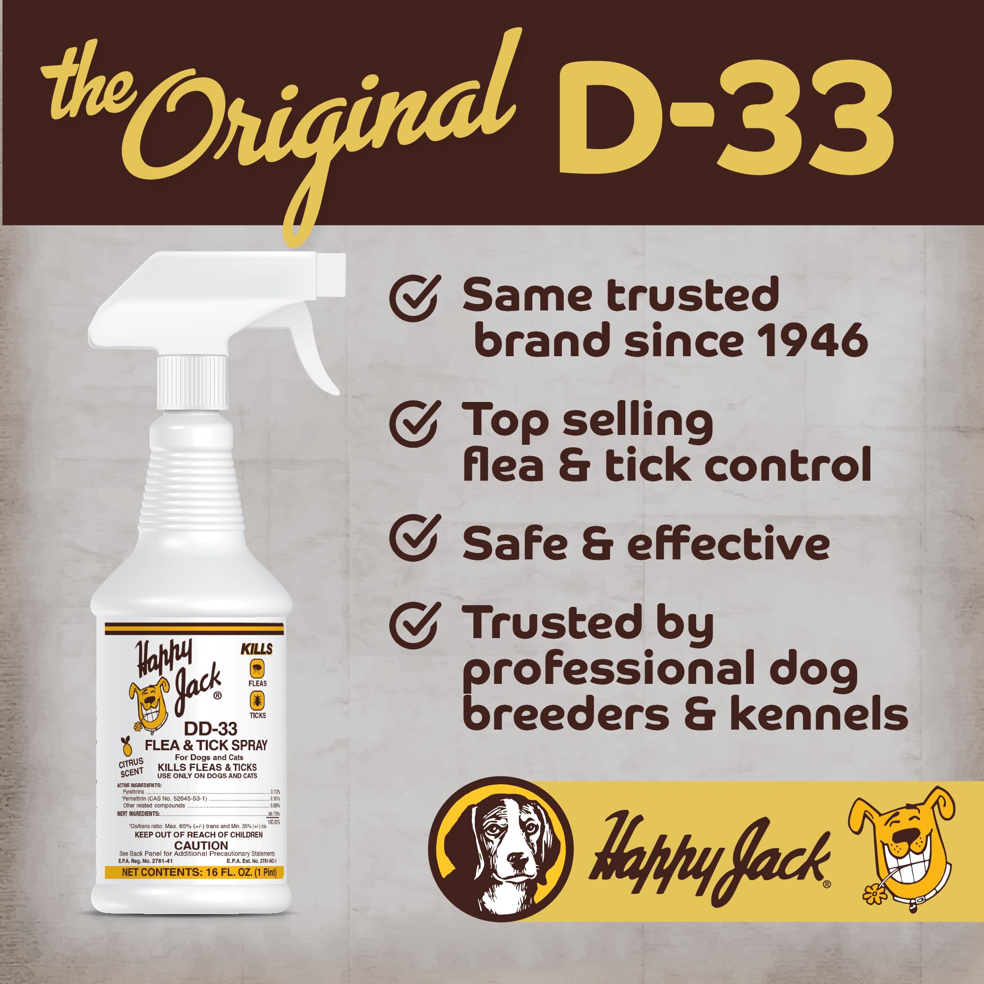 HAPPY JACK DD-33 Flea and Tick Spray for Dog and Cat, Flea Treatment & Control, Water-Based Formula Kills Fleas & Ticks Effectively Yet Gentle on Skin & Hair, 16 oz