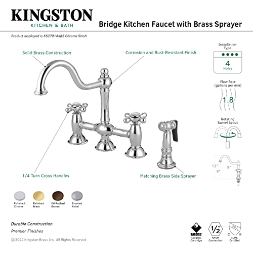 Kingston Brass KS3792AXBS Restoration Bridge Kitchen Faucet, 9", Polished Brass