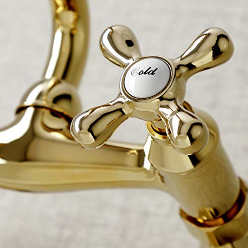 Kingston Brass KS213PB Victorian Two Handle Wall Mount Kitchen Faucet, 7-Inch, Polished Brass