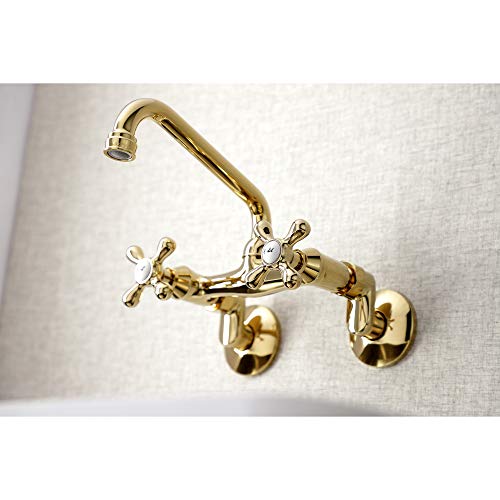 Kingston Brass KS213PB Victorian Two Handle Wall Mount Kitchen Faucet, 7-Inch, Polished Brass