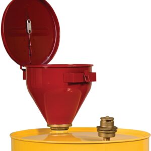 Justrite 2.6 Gallon Drum Funnel for Flammables with Emergency-Fusing Self-Closing Cover, Flame Arrester, and 2" Bung Hole Adapter, Made in The USA, 08207