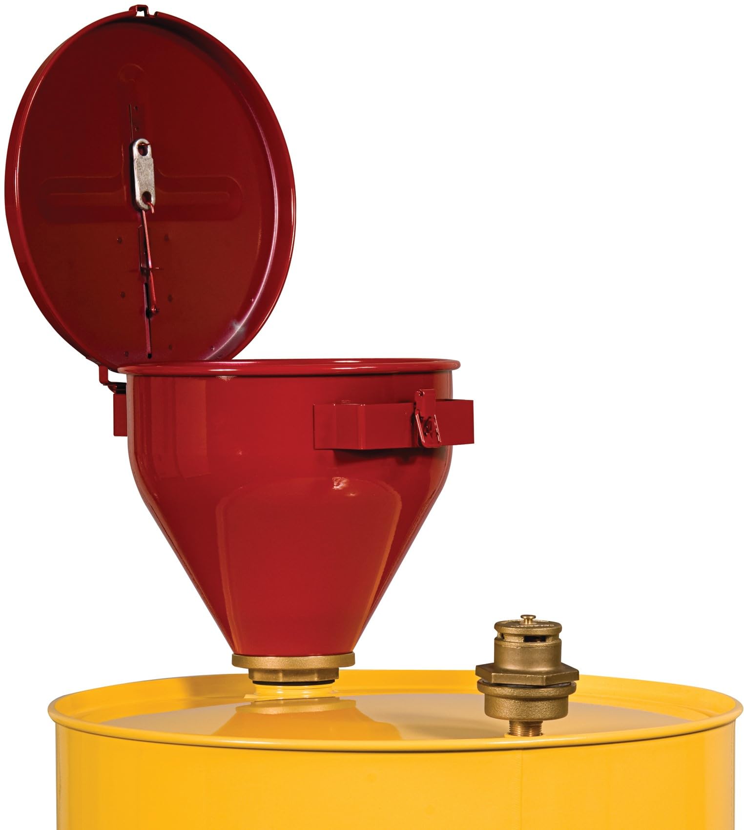 Justrite 2.6 Gallon Drum Funnel for Flammables with Emergency-Fusing Self-Closing Cover, Flame Arrester, and 2" Bung Hole Adapter, Made in The USA, 08207