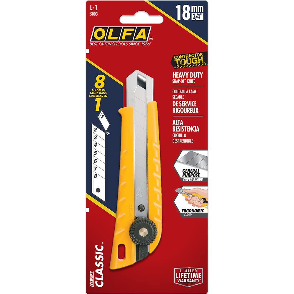 OLFA 18mm Heavy-Duty Utility Knife (L-1) - Multi-Purpose Custom Cutting Depth Utility Knife w/Ergonomic Grip Handle & Snap-Off Blade, Replacement Blades: Any OLFA 18mm Blade