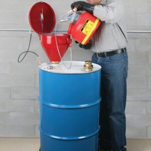 Justrite 2.6 Gallon Drum Funnel for Flammables with Emergency-Fusing Self-Closing Cover, Flame Arrester, and 2" Bung Hole Adapter, Made in The USA, 08207