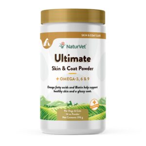 naturvet ultimate skin and coat powder plus omega 3, 6 and 9 supplement for dogs and cats, powder, made in the usa with globally source ingredients 14 ounce