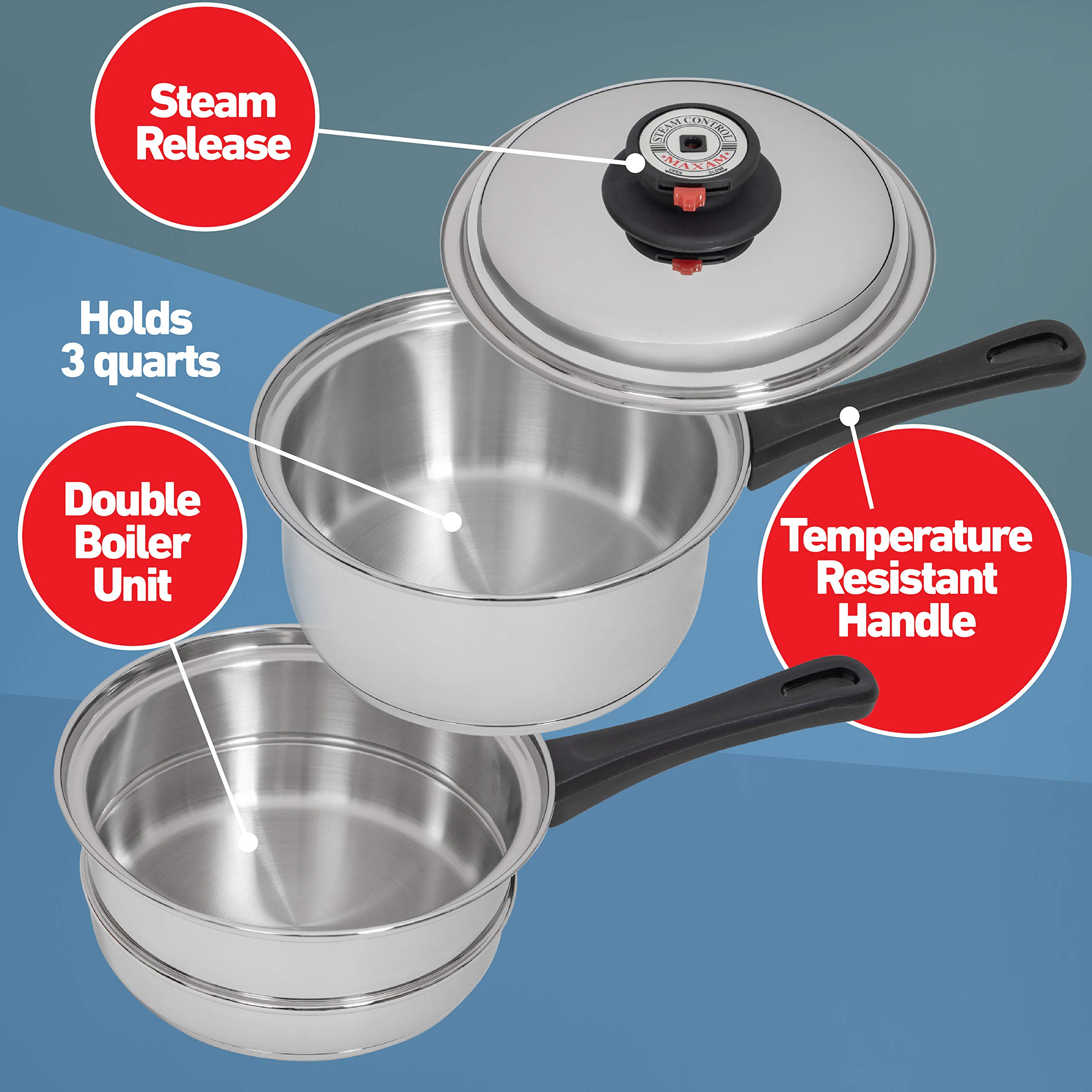 Maxam 9-Element Waterless Cookware Set, Durable Stainless Steel Construction with Heat and Cold Resistant Handles, 17-Pieces