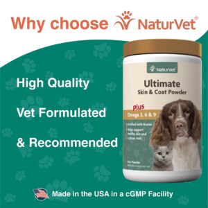 NaturVet Ultimate Skin and Coat Powder Plus Omega 3, 6 and 9 Supplement for Dogs and Cats, Powder, Made in The USA with Globally Source Ingredients 14 Ounce