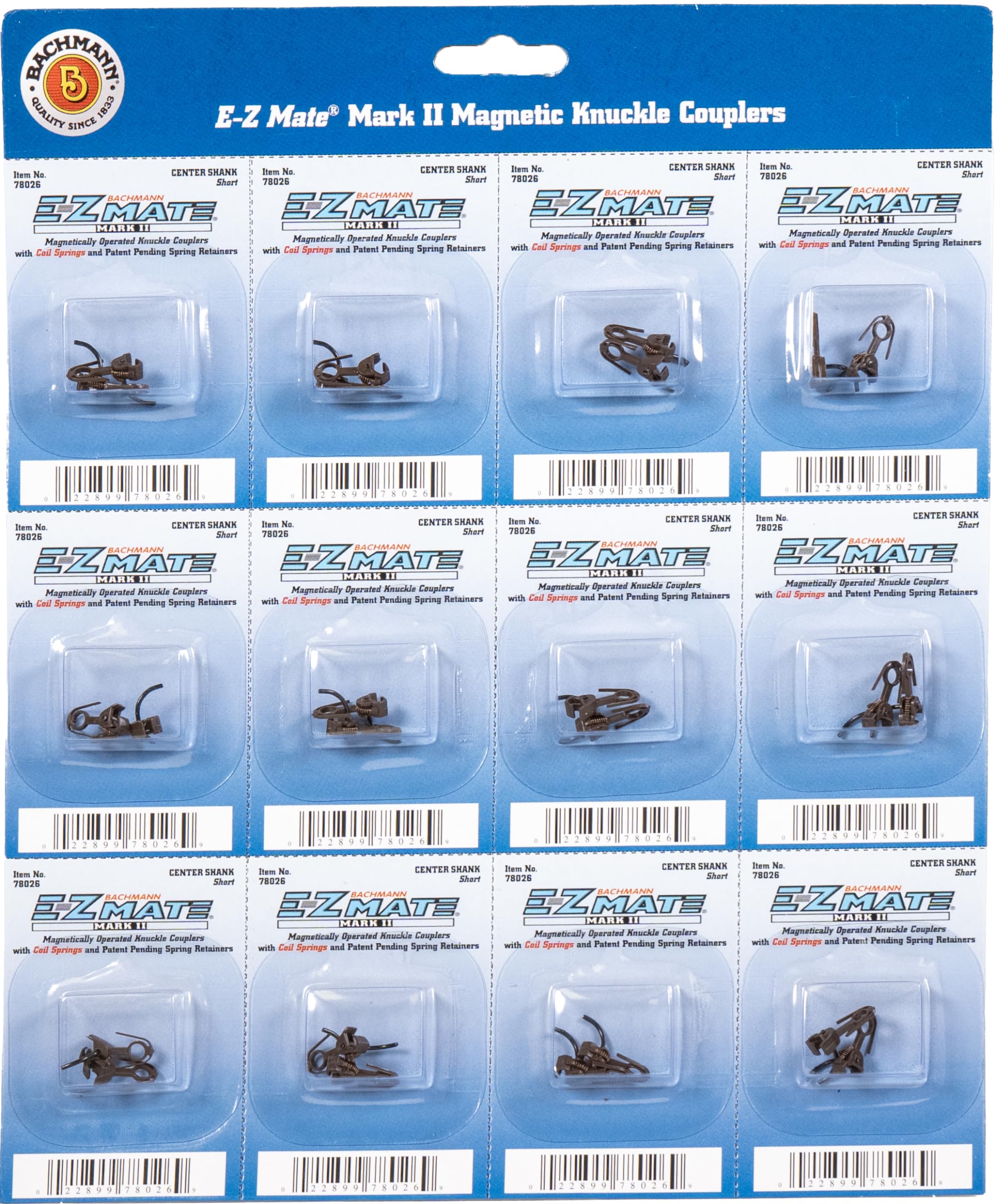 Bachmann Trains - E-Z MATE MARK II COUPLERS - MAGNETIC KNUCKLE COUPLERS with METAL COIL SPRING - CENTER SHANK - SHORT (12 pair/card) - HO Scale