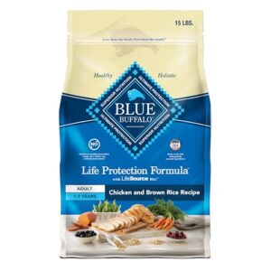 blue buffalo life protection formula adult dry dog food, helps build and maintain strong muscles, made with natural ingredients, chicken & brown rice recipe, 15-lb. bag