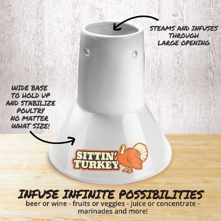 Sittin' Turkey Ceramic Beer Can Roaster & Steamer- Easily Infuse Marinades & BBQ flavors For Juicier, Flavorful Meat- XL Base Perfectly Cooks Up to an 18lb Turkey for Christmas Meals & Holiday Parties