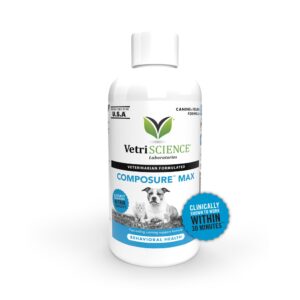 vetriscience composure max liquid formula - clinically proven dog calming and cat calming supplement with colostrum, l-theanine & vitamin b1 for stress, storms, separation & more - 8 oz