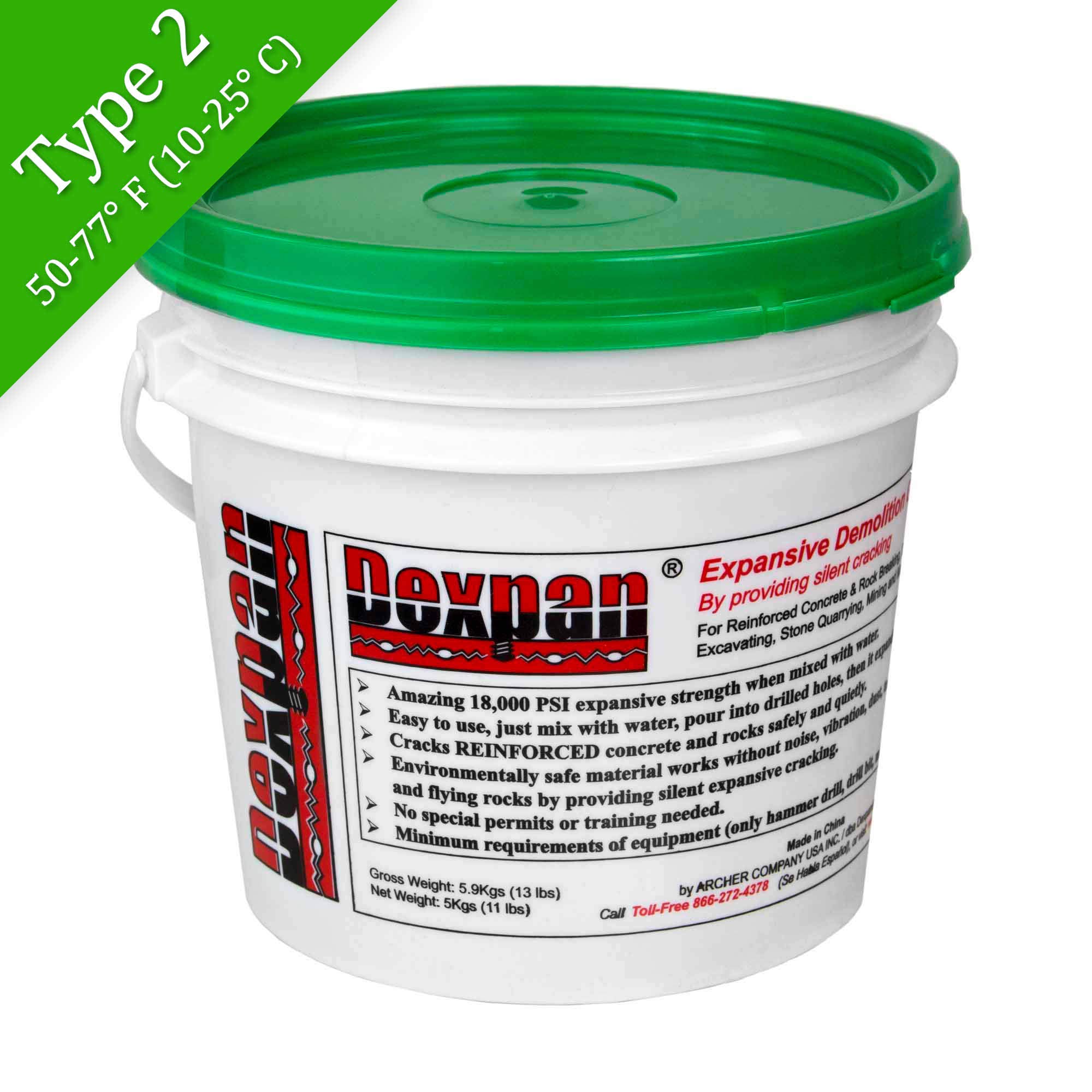 Dexpan Expansive Demolition Grout 11 Lb. Bucket for Rock Breaking, Concrete Cutting, Excavating. Alternative to Demolition Jack Hammer Breaker, Jackhammer, Concrete Saw, Rock Drill (Type 2, 50-77° F)