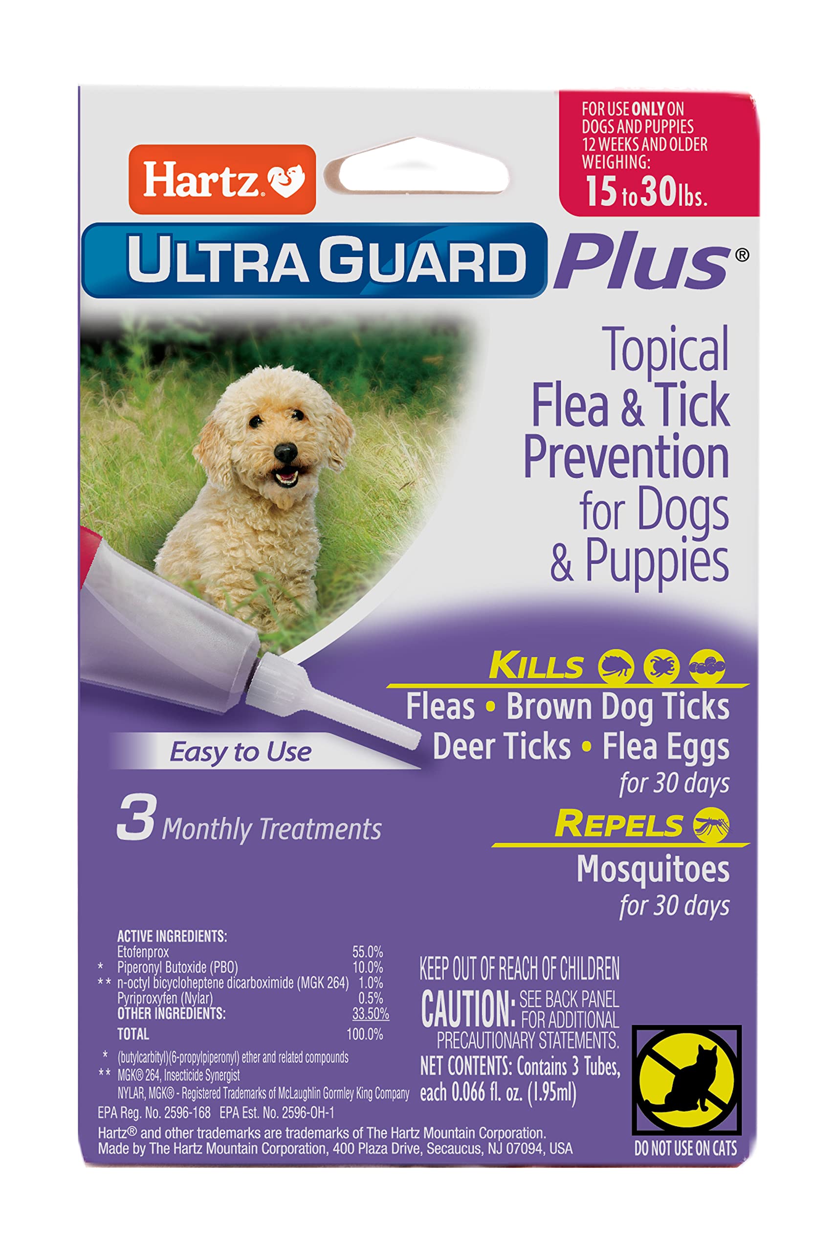 Hartz UltraGuard Plus Topical Flea & Tick Prevention for Dogs and Puppies - 15-30 lbs, 3 Monthly Treatments