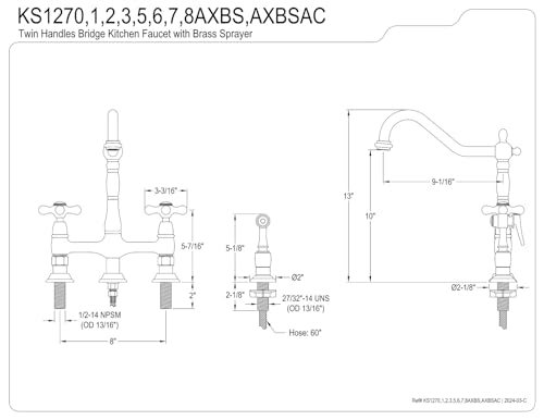 Kingston Brass KS1271AXBS Heritage Kitchen Faucet with Brass Sprayer, 8-3/4-Inch, Polished Chrome