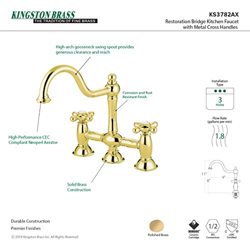 Kingston Brass KS3782AX Restoration Bridge Kitchen Faucet, 9", Polished Brass