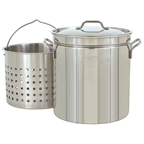 Bayou Classic 1124 24-qt Stainless Stockpot w/Lid And Basket Includes Vented Lid Perforated Stainless Steel Basket Perfect For Steaming Boiling and Frying